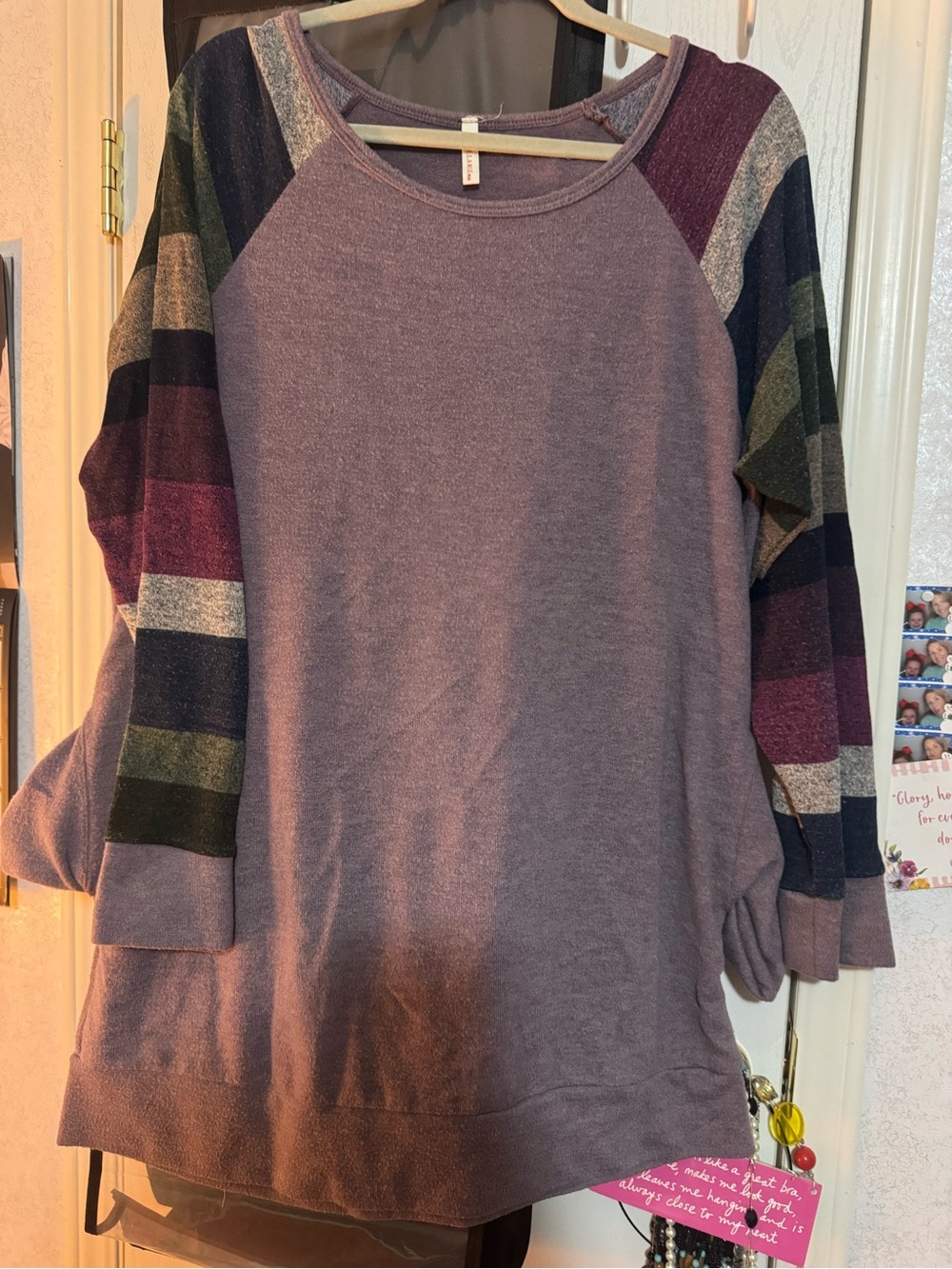Bellamie Mauve Pullover with Multicolor Striped Raglan Sleeves